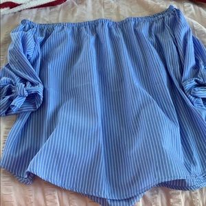 Off the shoulder , baby blue pin stripe shirt